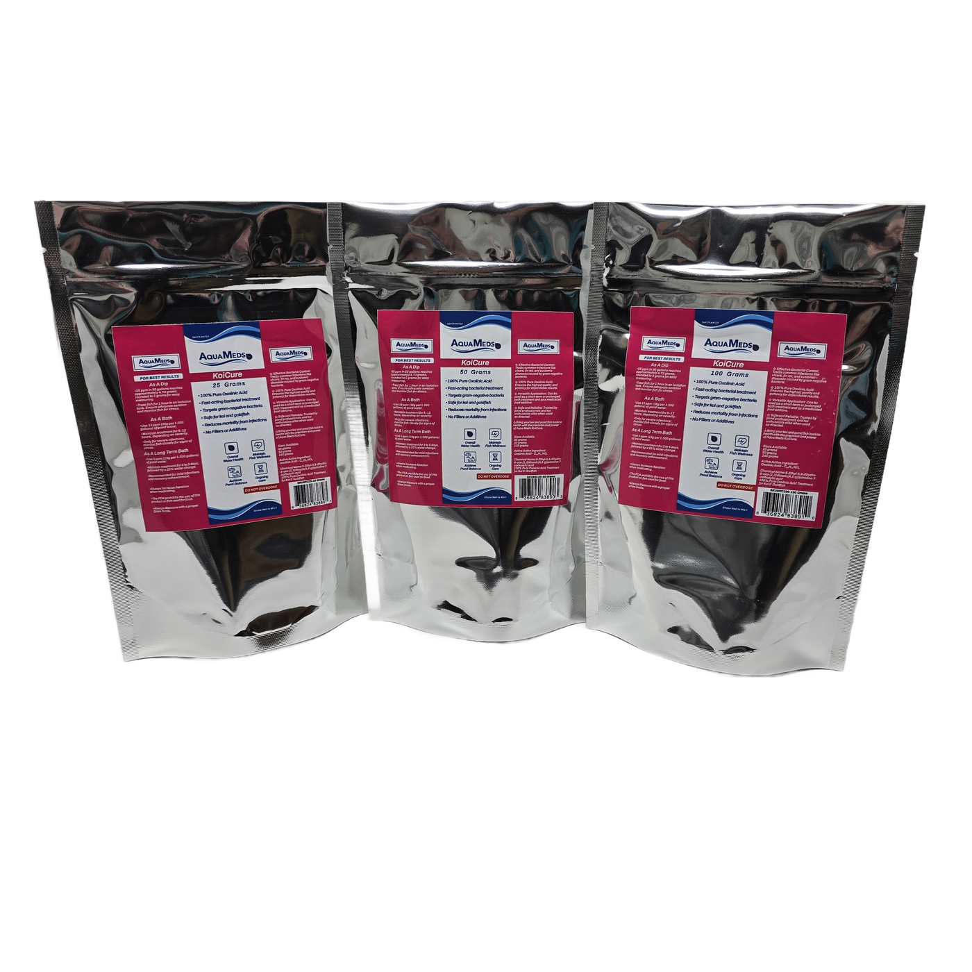 Aqua Meds KoiCure oxolinic acid treatment for koi - available in 25g, 50g, and 100g sizes